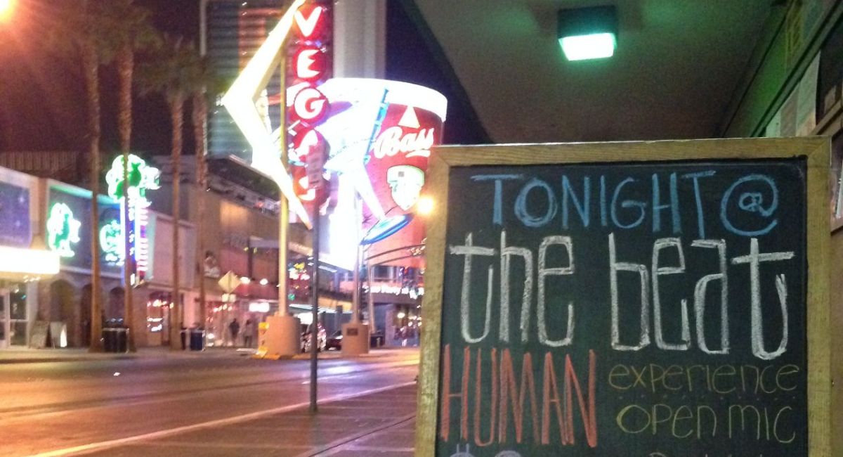 sandwich board sign for The Human Experience in Las Vegas