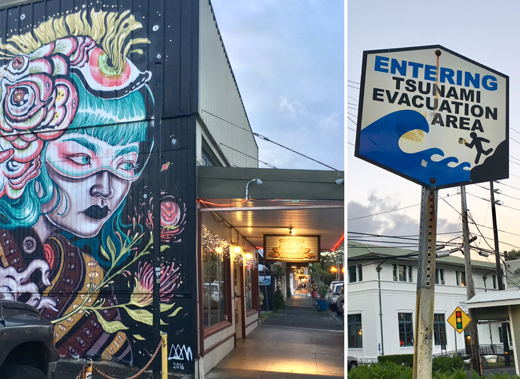 mural outside Hilotown Tavern and a tsunami evacuation sign